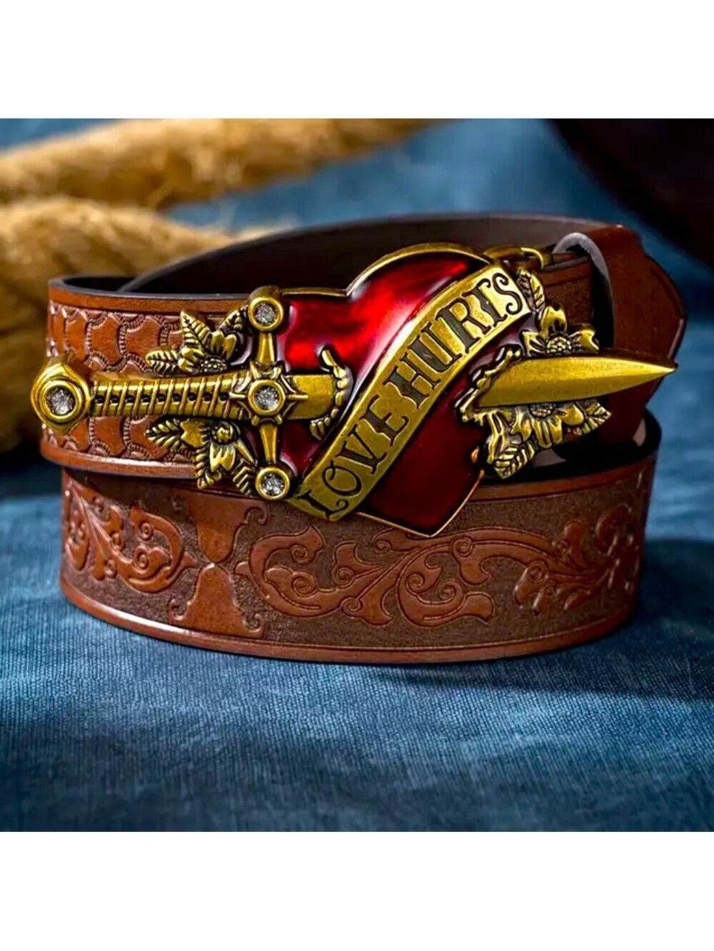 "Love Hurts" Engraved Belt - Gleaming Heart & Sword Design XL/2XL 47”